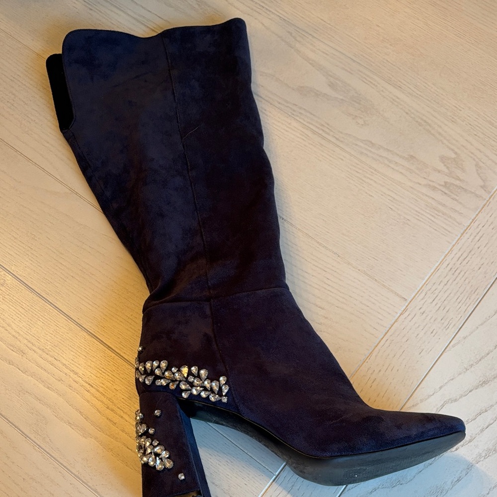 Chic Blue Embellished Heeled Boots